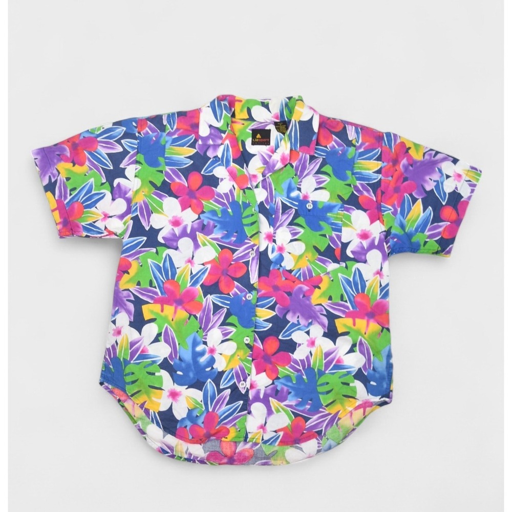 Liz Claiborne Shirt Womens Medium Petite Floral Hawaiian Multicolor Loop Collar